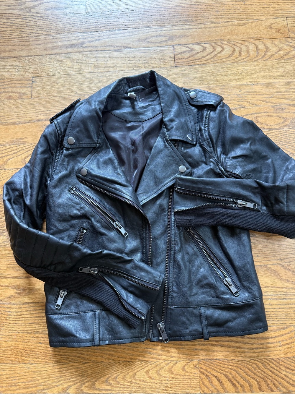 H&M Black Leather Moto Jacket with Zip Details